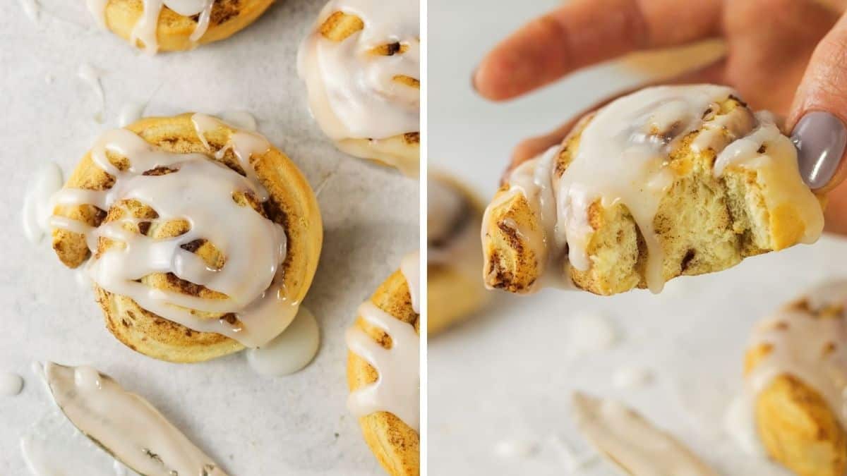 Cooked air fryer cinnamon rolls being eaten.