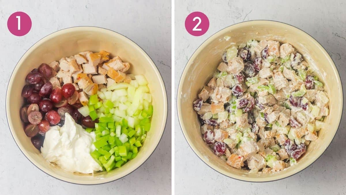 Mixing turkey salad with grapes ingredients.