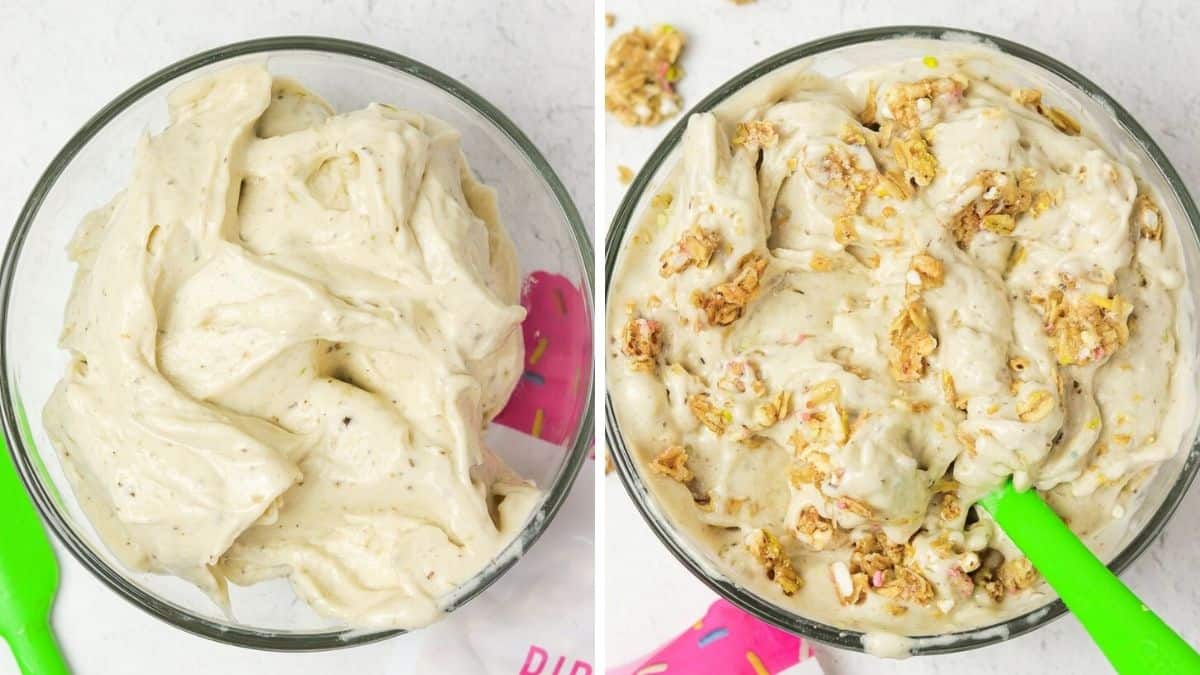 adding granola to lavender nice cream