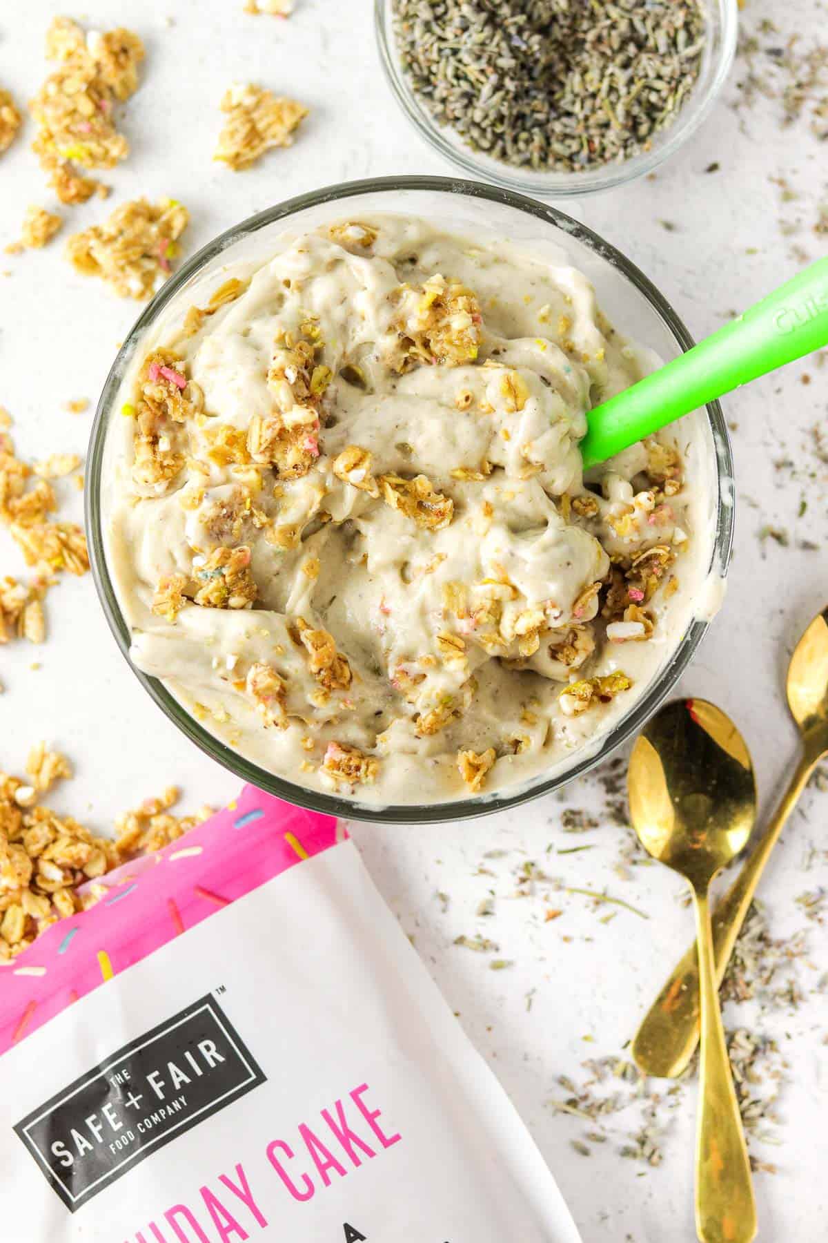 bowl of Lavender Nice Cream with spoons