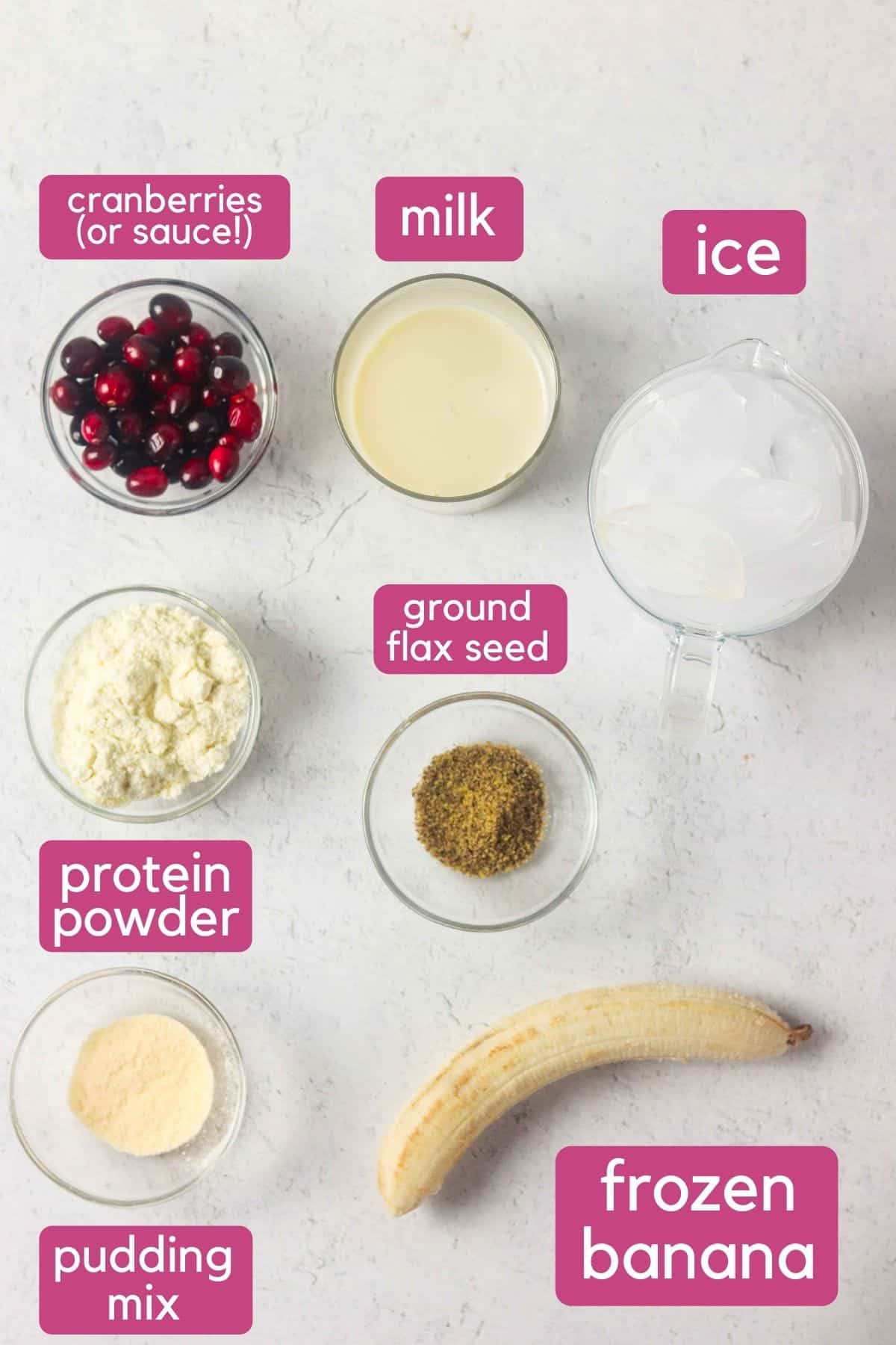 Cranberry smoothie recipe ingredients on the counter labeled