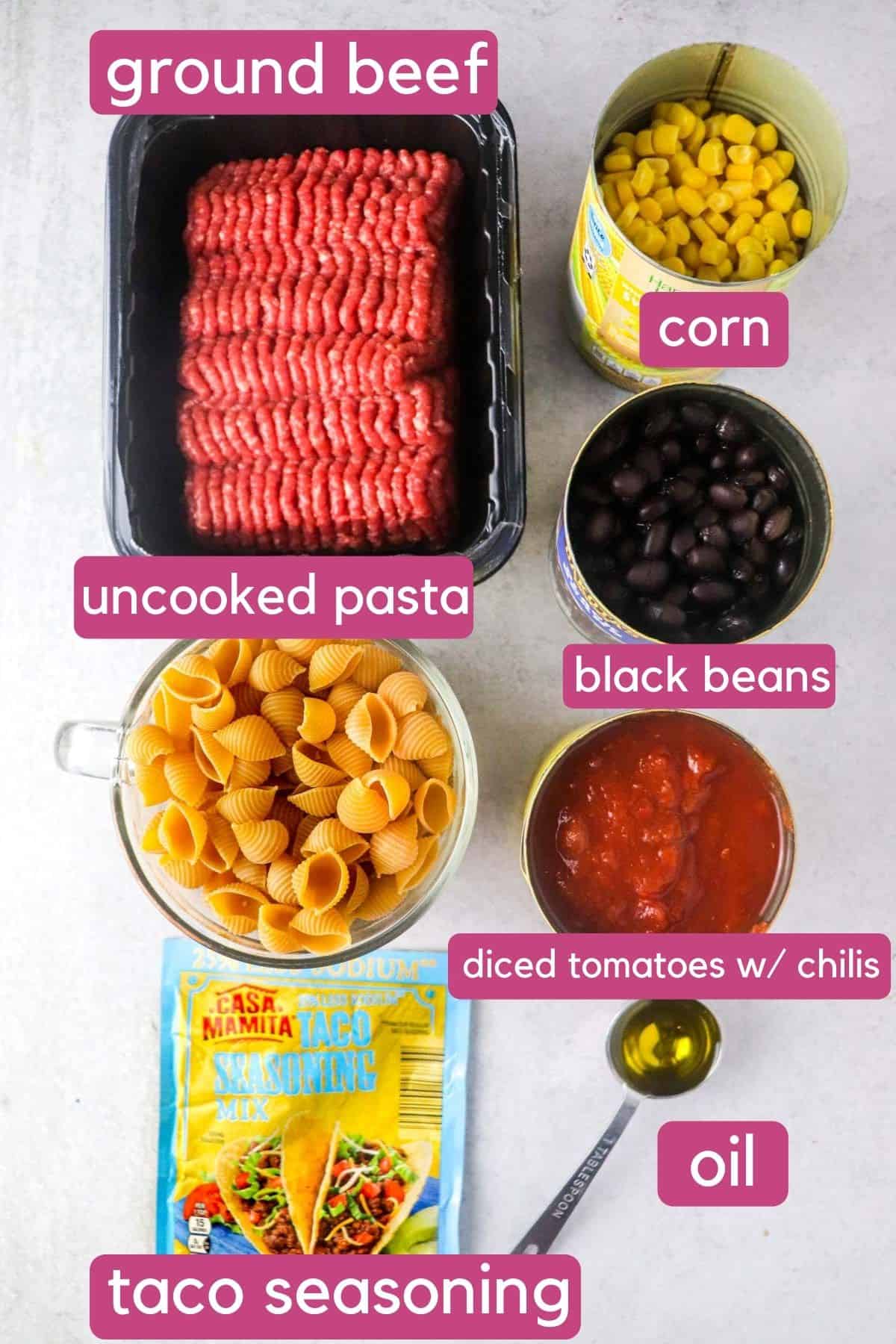 Ingredients needed to make Instant Pot taco pasta.