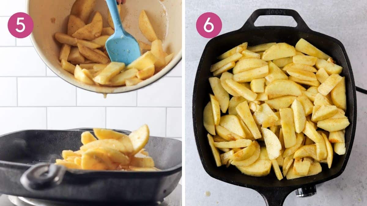 adding apples to a skillet to make apple crisp.