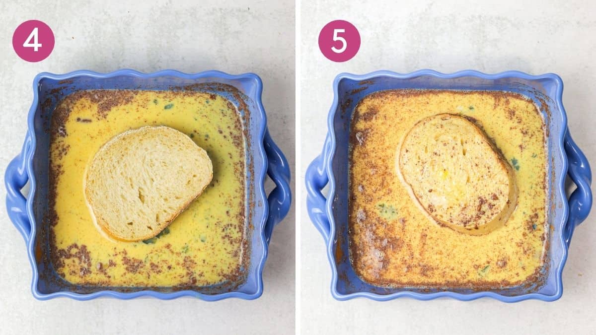 soaking sourdough french toast in batter on both sides.