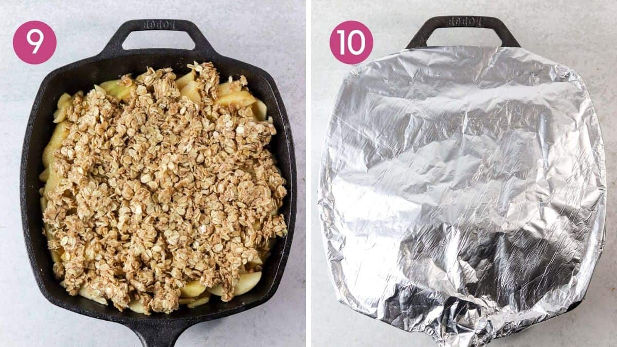 Adding aluminum foil to the skillet to make apple crisp.