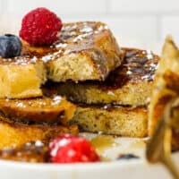 up close cut slices of sourdough french toast.