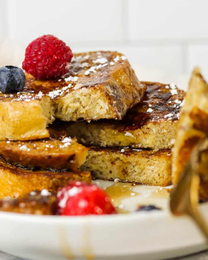 up close cut slices of sourdough french toast.