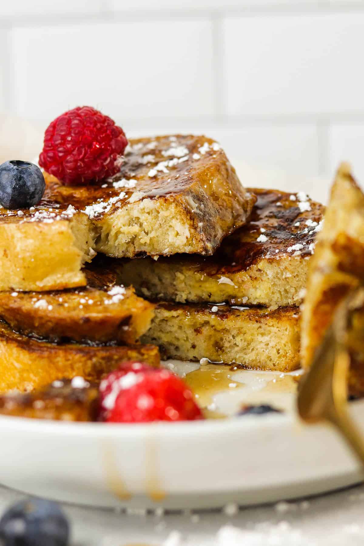 up close cut slices of sourdough french toast.