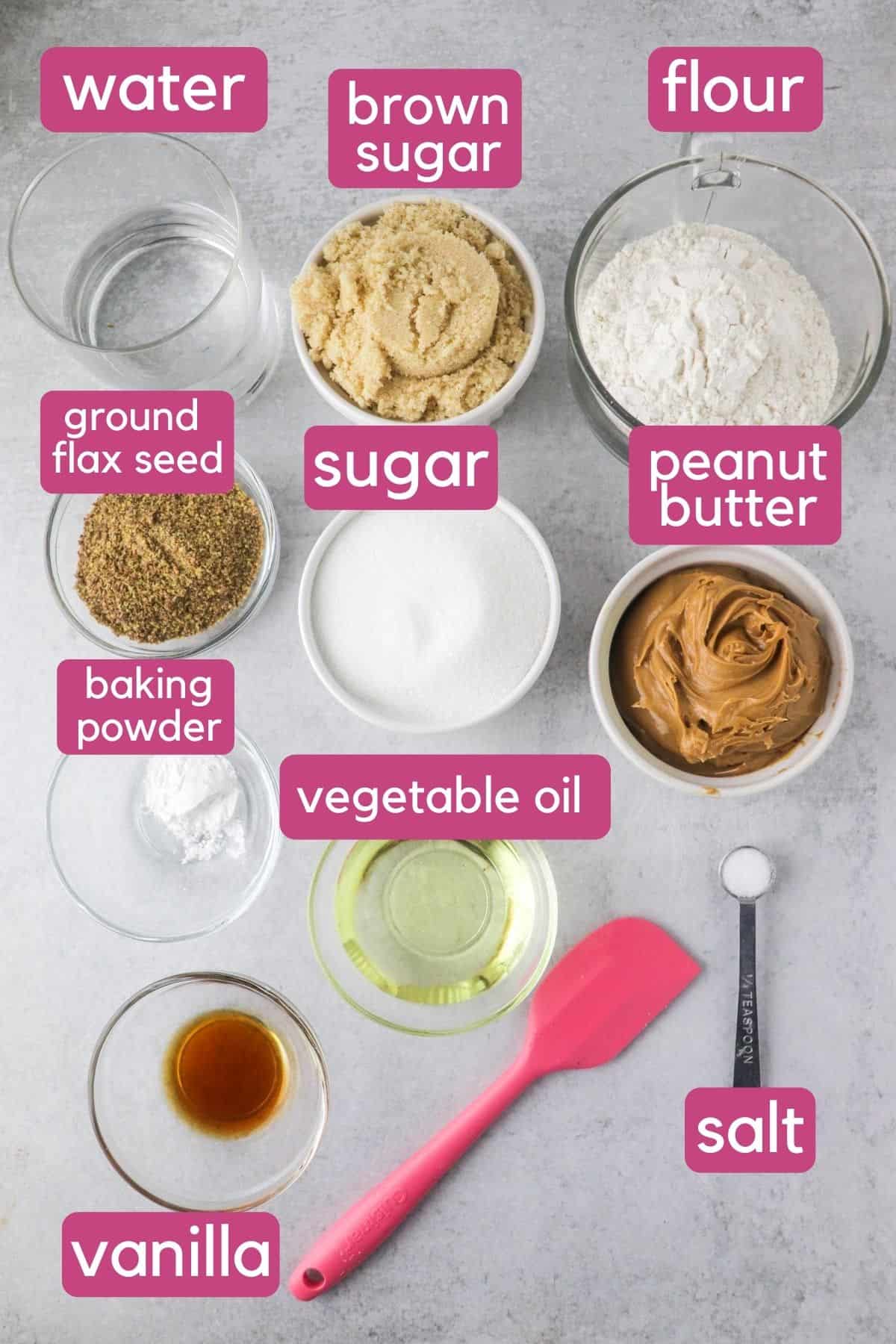 Ingredients needed to make peanut butter vegan blondies.