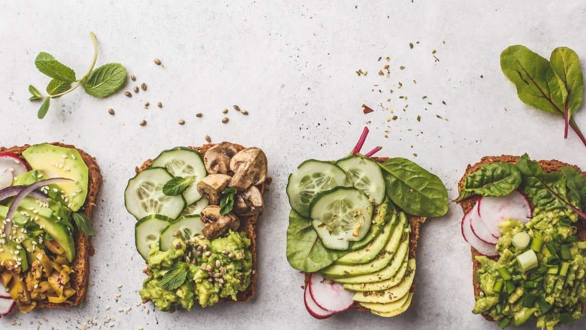 A variety of veggie loaded toasts.