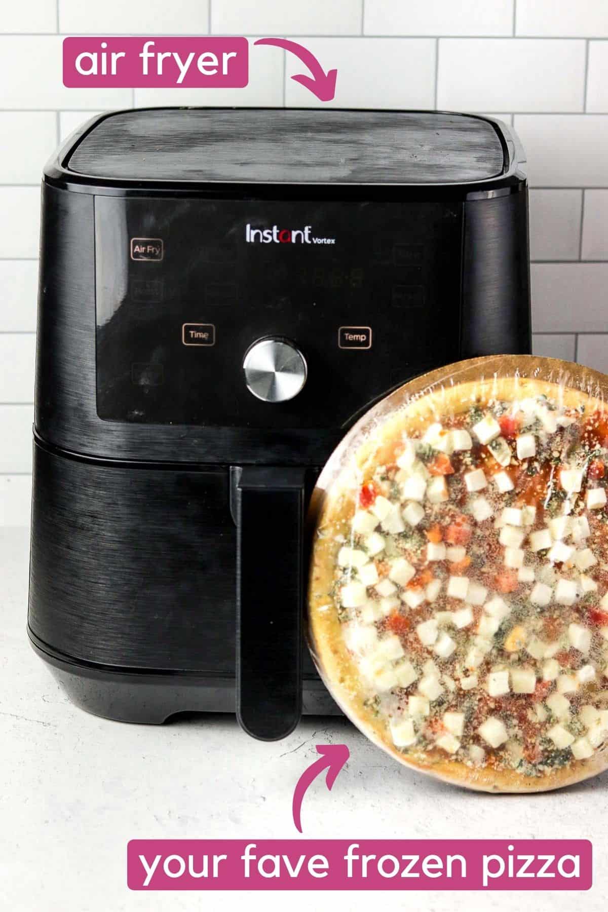 Air fryer and a frozen pizza on the counter.