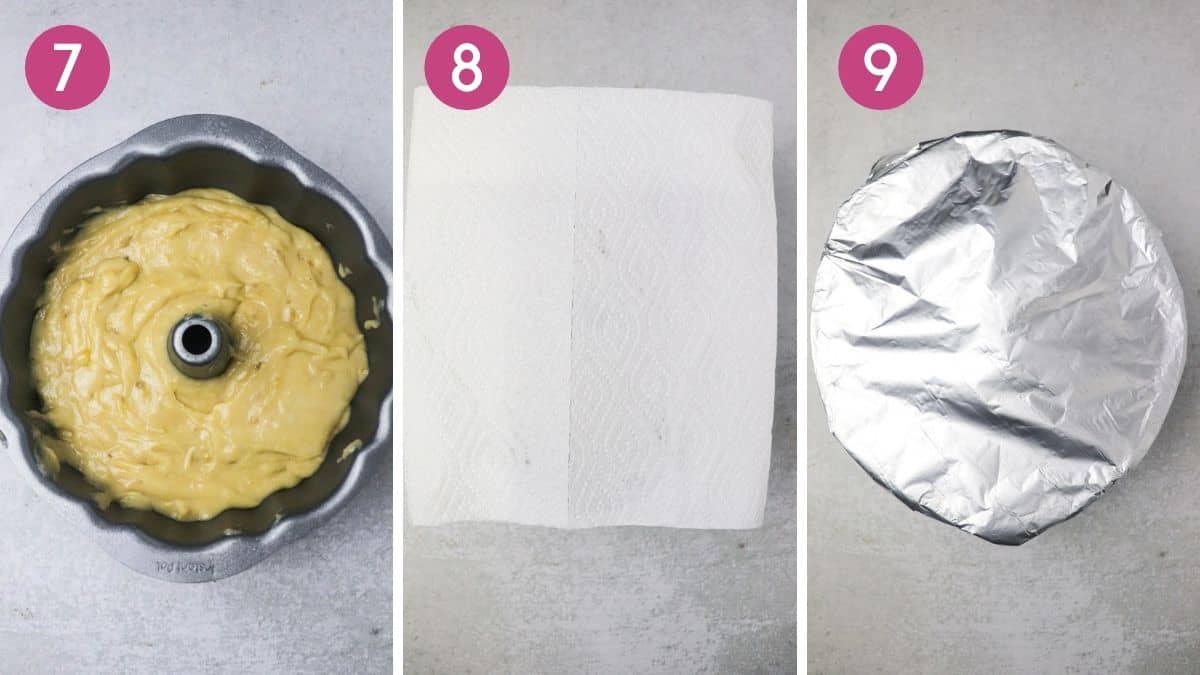 Getting ready to cook Instant Pot banana bread. with paper towel and tin foil.