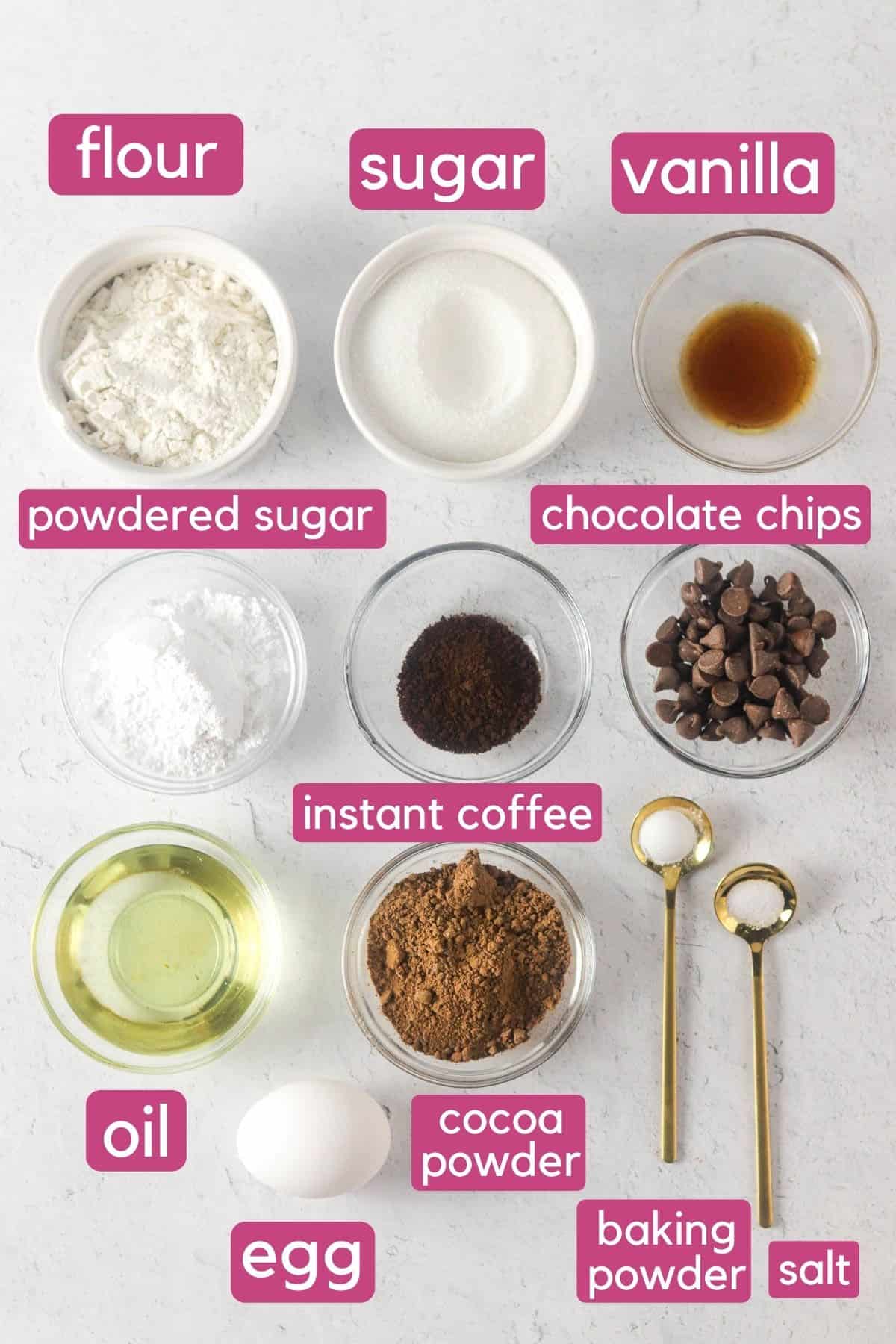 air fryer brownie ingredients on the counter labeled.