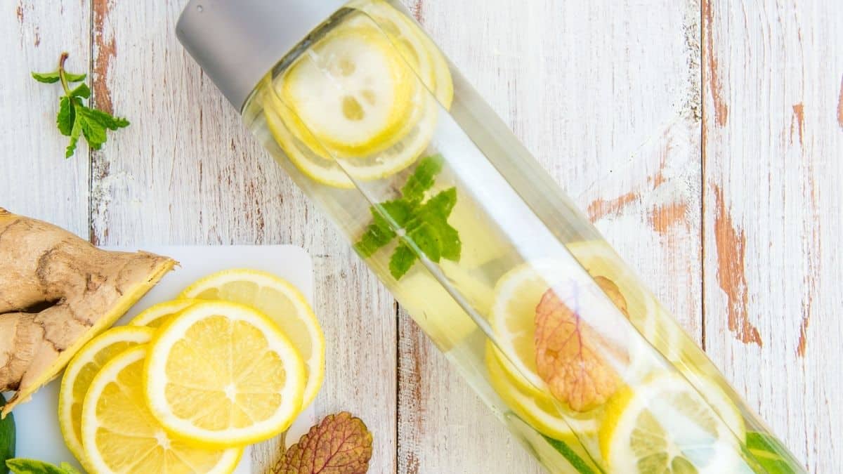 bottle of water with lemon and mint.