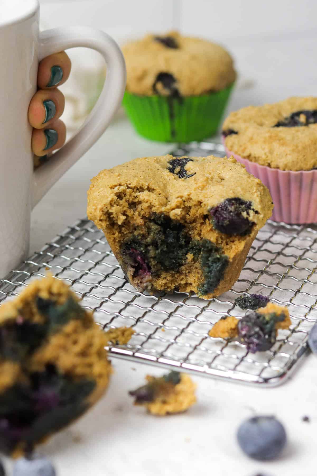 gluten free blueberry muffin on a cooling rack.