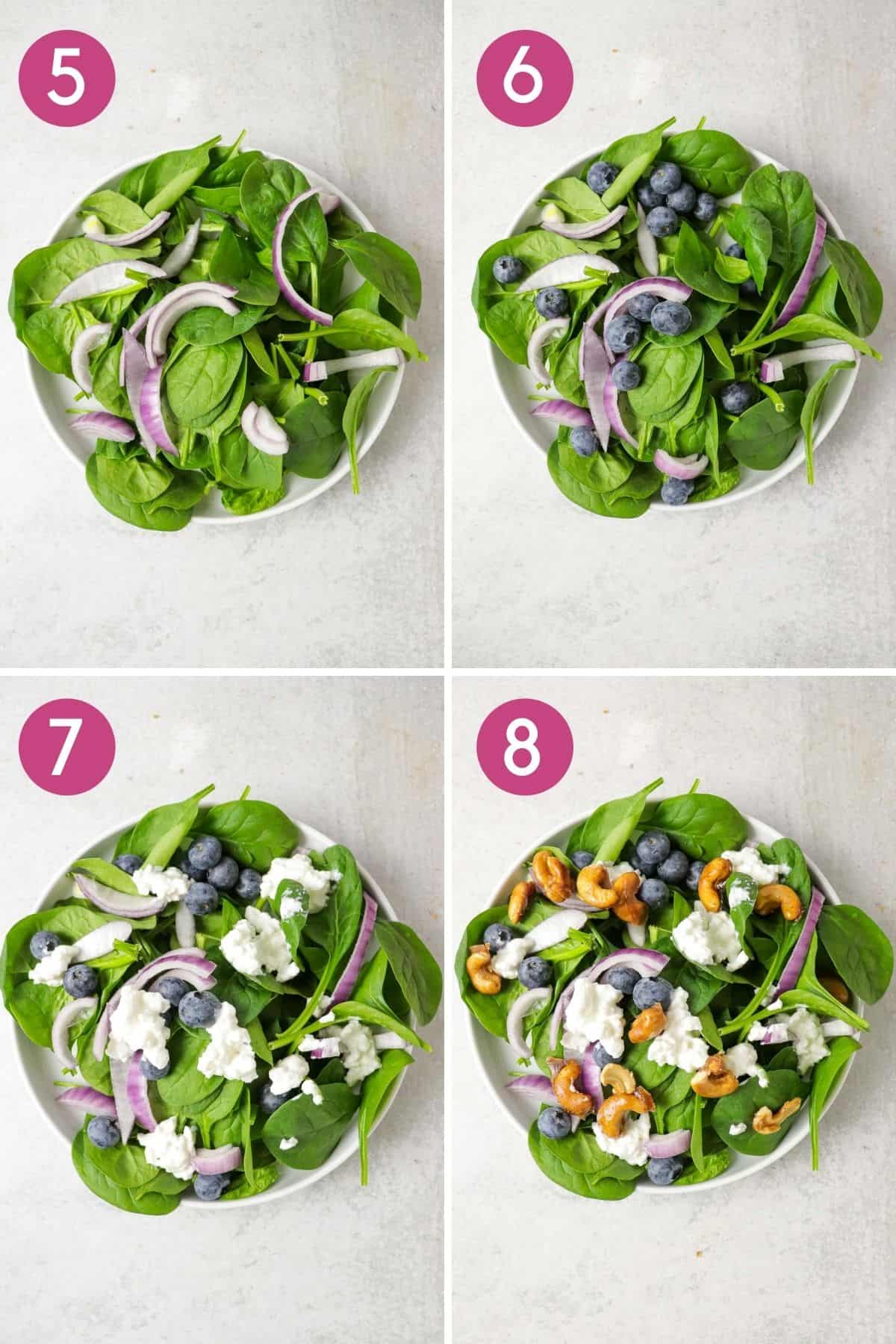 how to make a spinach blueberry salad with candied cashews.