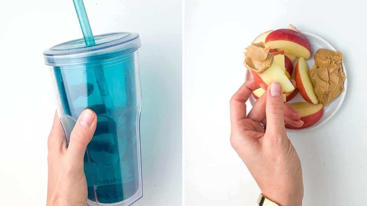 bottle of water next to a snack of apple slices and peanut butter.