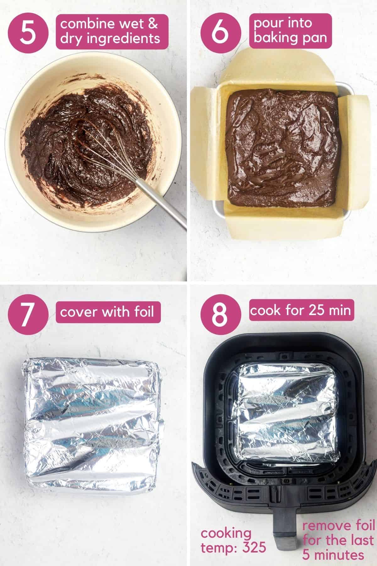 pouring air fryer brownie batter into a pan and baking.