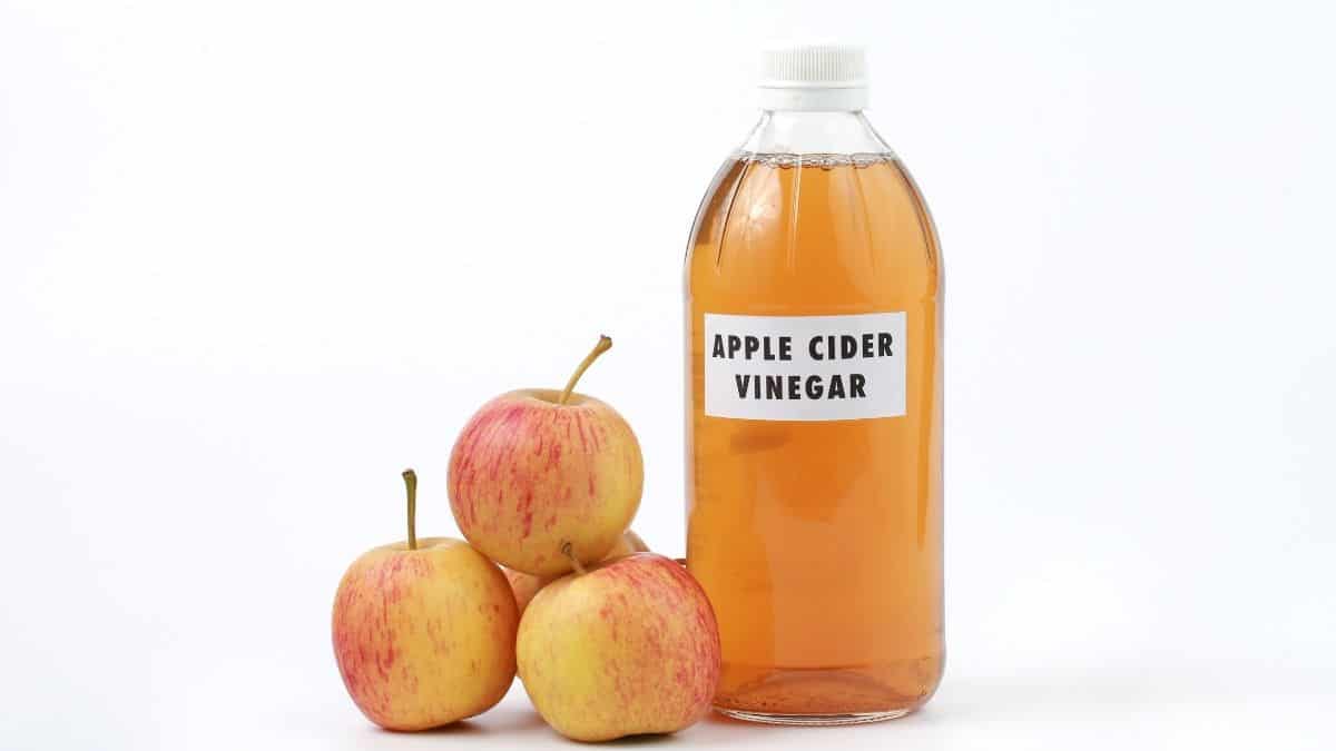 bottle of apple cider vinegar on white background with 4 apples.