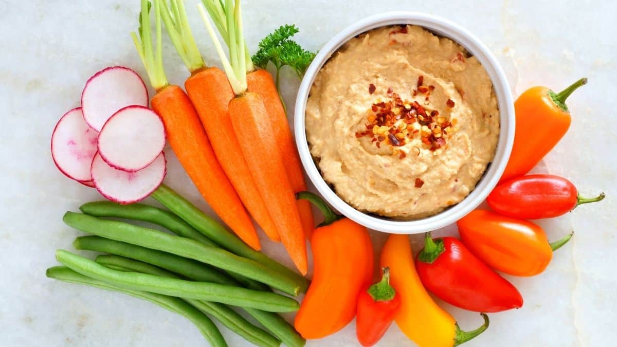 a variety of veggies with hummus.