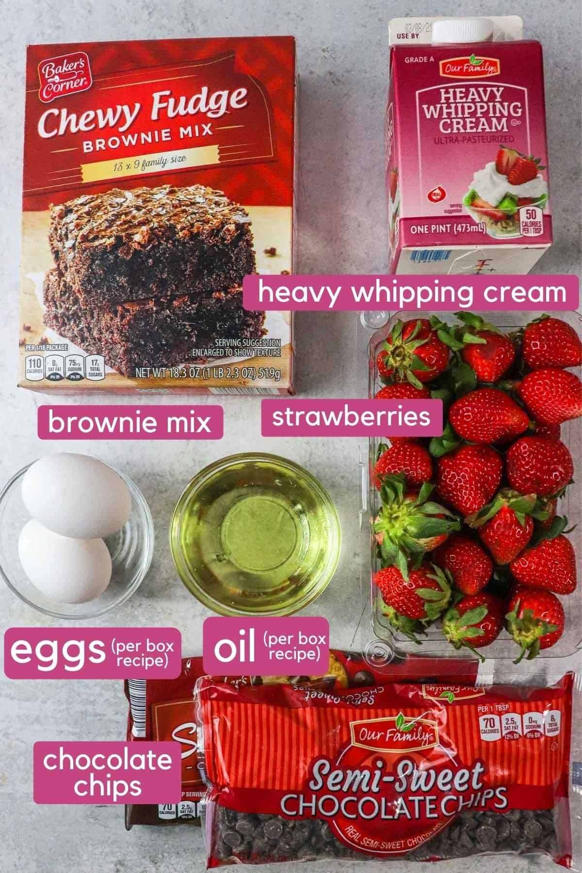 ingredients for chocolate covered strawberry brownies labeled.