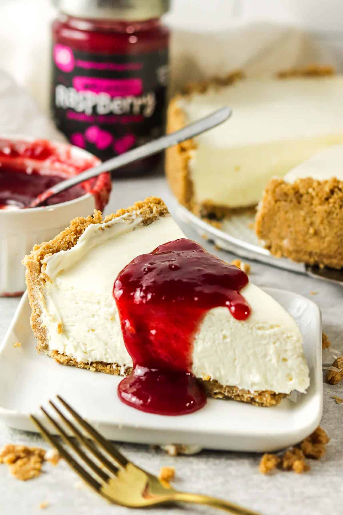 Eggless cheesecake slice with raspberry topping