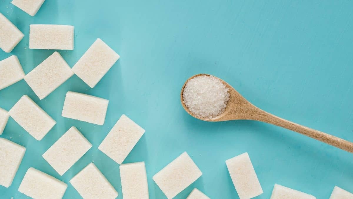 Sugar cubes and a spoon of sugar on a blue backdrop.
