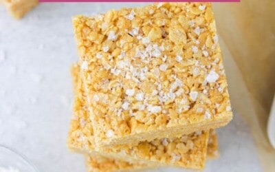 Squares of cereal treats, with a text overlay that reads: 10 minute peanut butter rice krispie bars.
