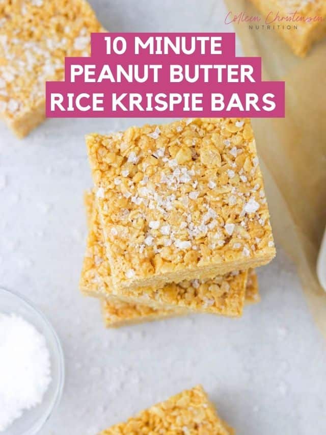Squares of cereal treats, with a text overlay that reads: 10 minute peanut butter rice krispie bars.