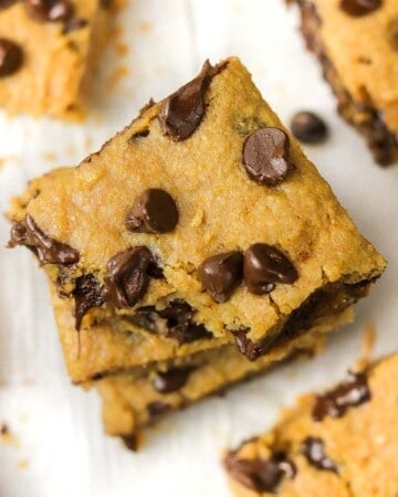 top of 3 stacked chickpea blondies.