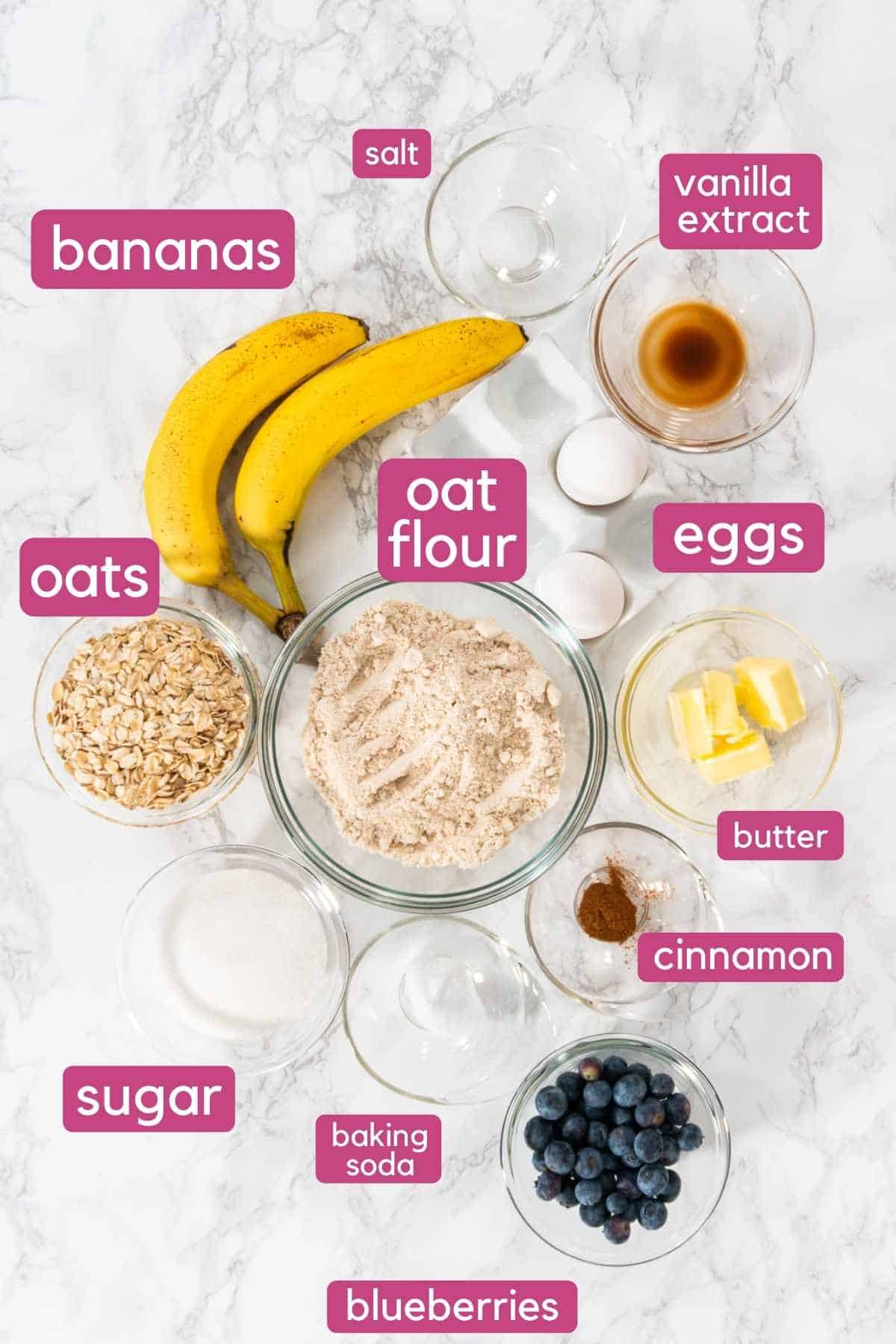 Ingredients for blueberry banana oatmeal muffins.