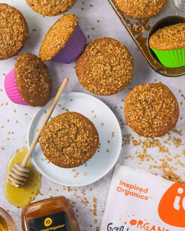 honey flaxseed muffins on the counter.