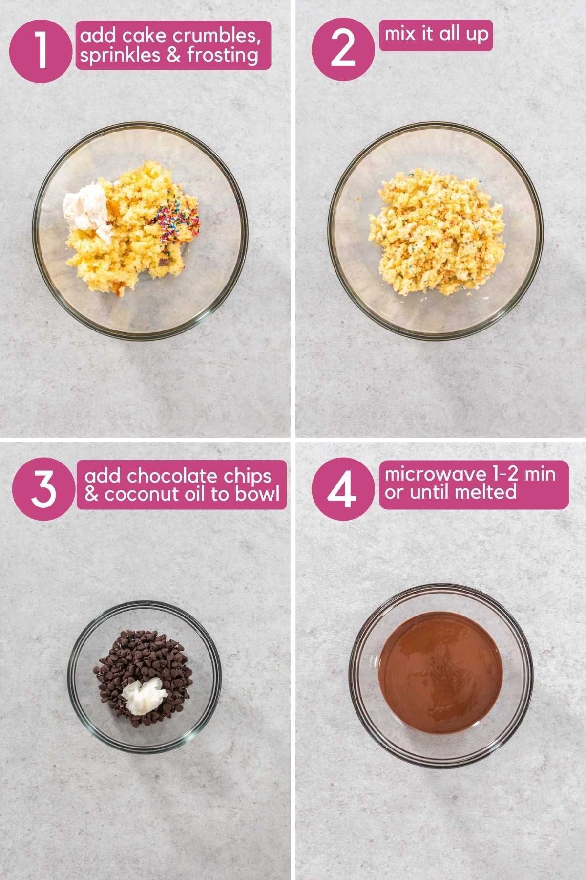 Add cake crumbles, sprinkles and frosting then melt chocolate chips and coconut oil.