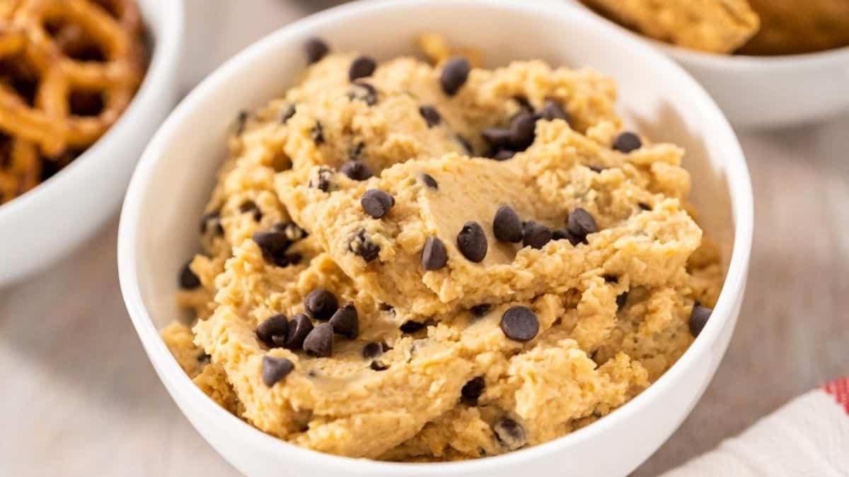 Chocolate Chip Cookie Dough Hummus  in a white bowl.