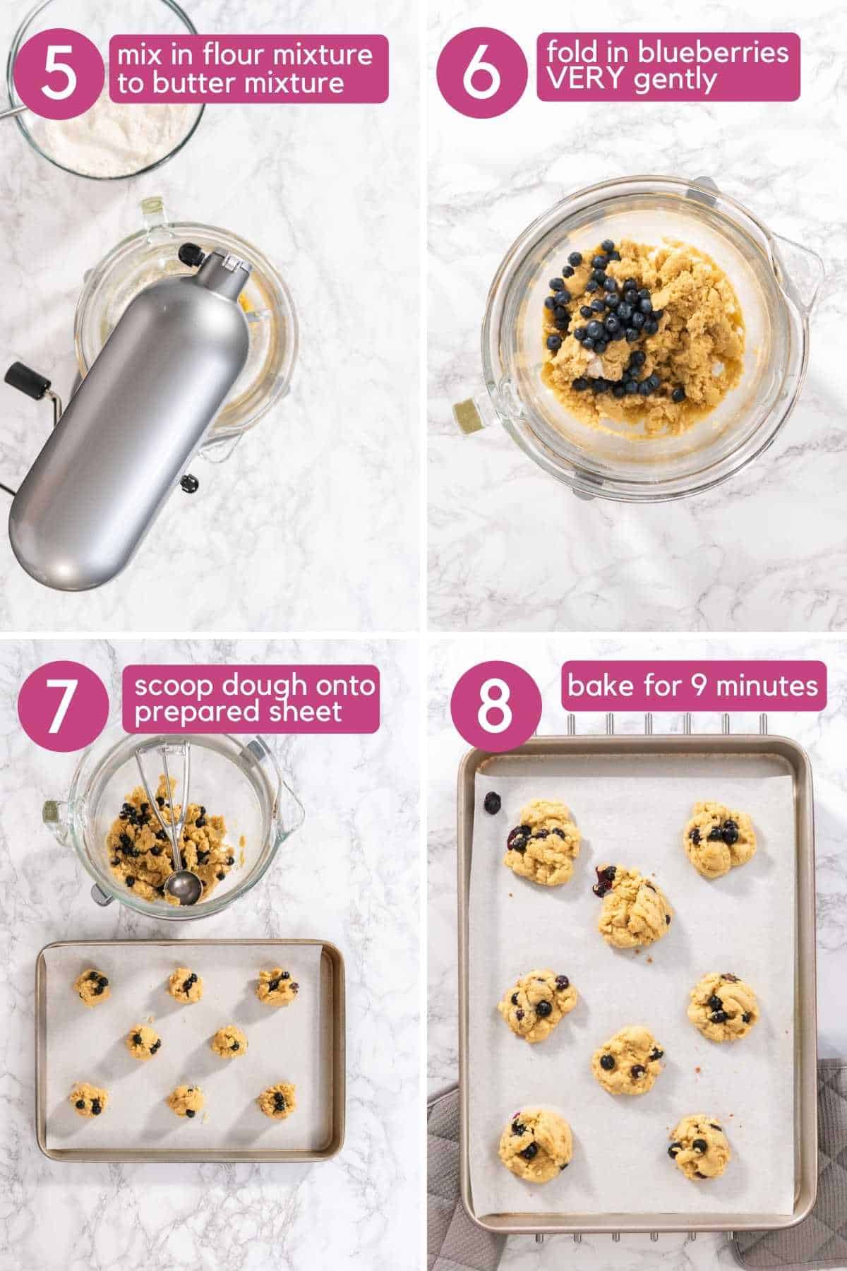 Scoop cookie dough onto prepared sheet and bake blueberry lemon cookies for nine minutes.
