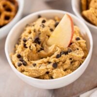 a bowl of Chocolate Chip Cookie Dough Hummus with a slice of apple dipped in and pretzels, sliced apples and graham crackers in the background.