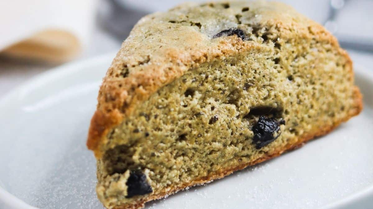 blueberry whole wheat greek yogurt scones on white plate as an example of a smart carb.