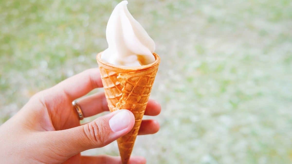 A woman holding a vanilla soft serve ice cream cone - an example of taste or emotional hunger.