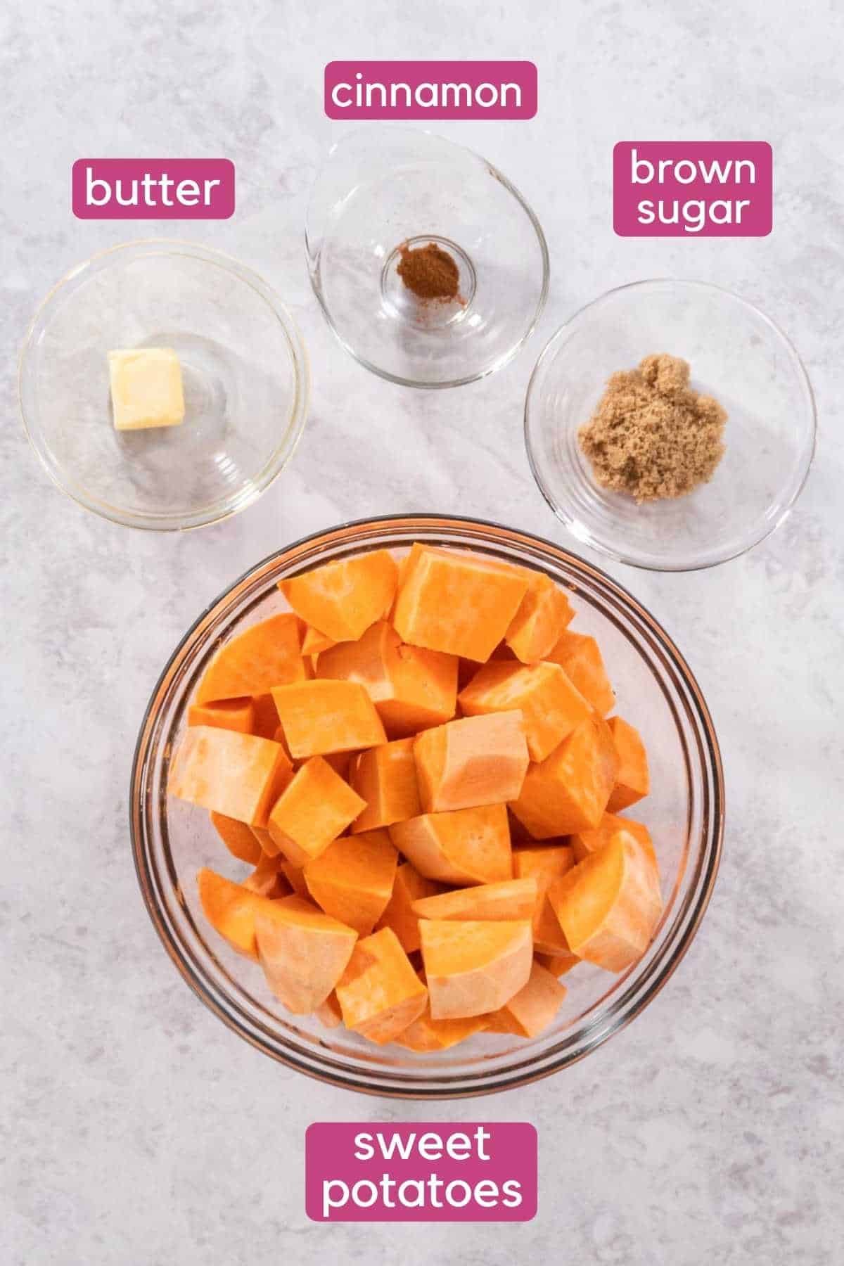 Four bowls on a counter background. One is a bowl of cubed sweet potatoes, another brown sugar, another cinnamon, and fourth is butter.