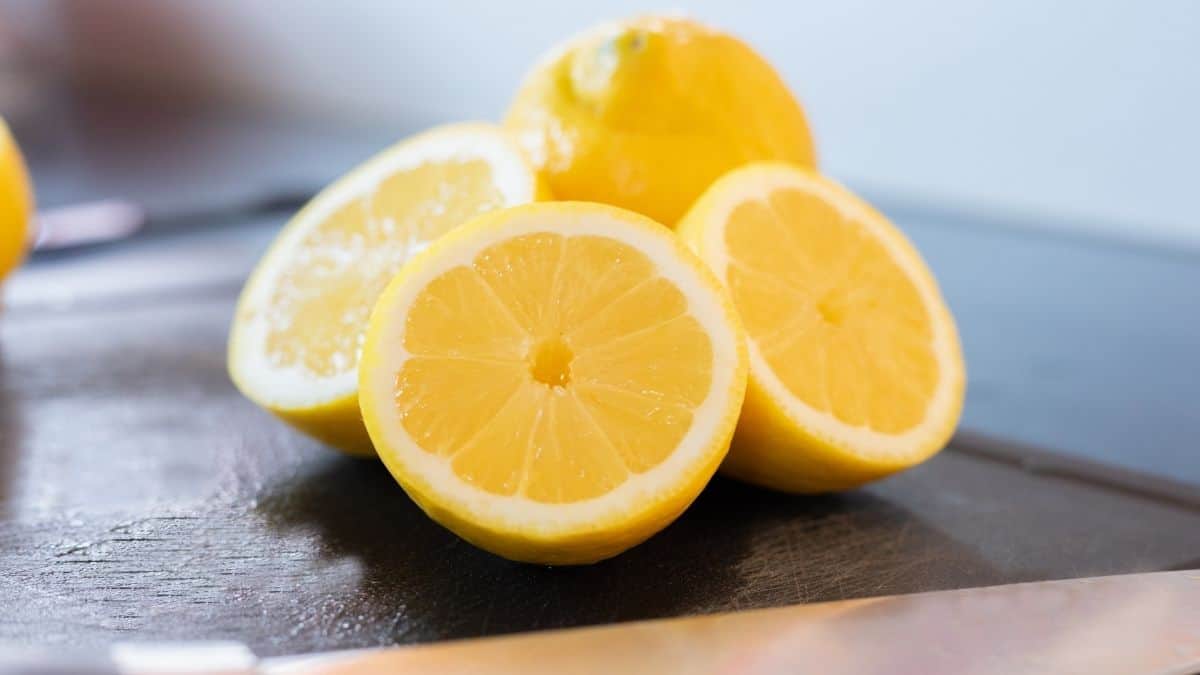 lemon halves on a cutting board.