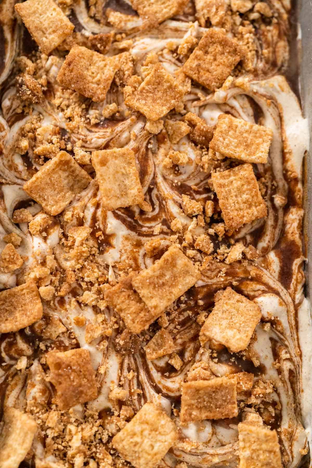 A close up of the top of No Churn Cinnamon Toast Crunch Ice Cream to show texture.
