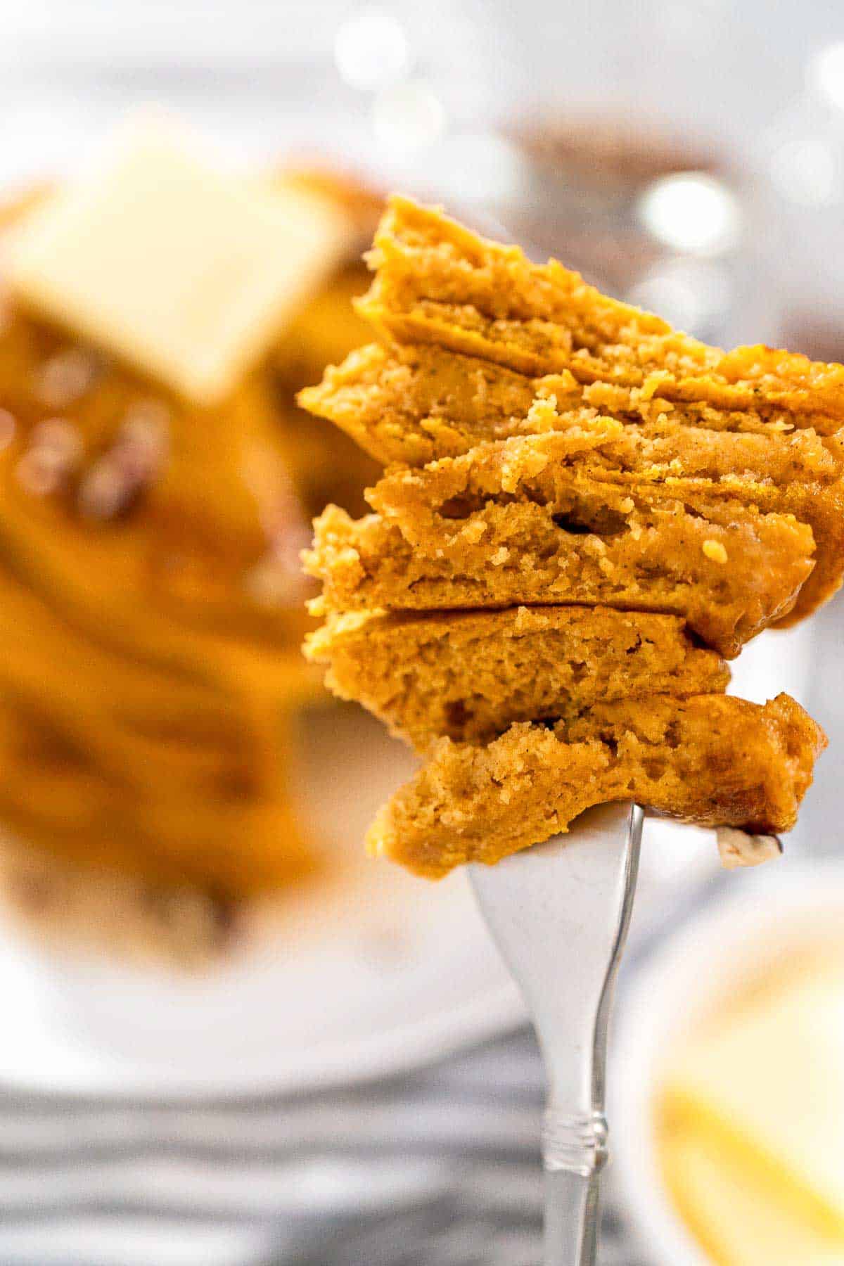 A forkful of Bisquick Pumpkin Pancakes to show texture.