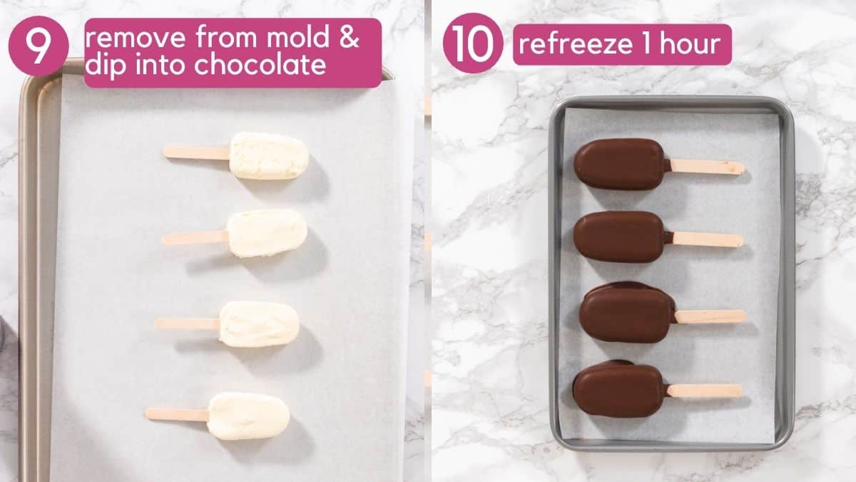 Dip ice cream into cooled melted chocolate and refreeze for one hour for chocolate ice cream bars.
