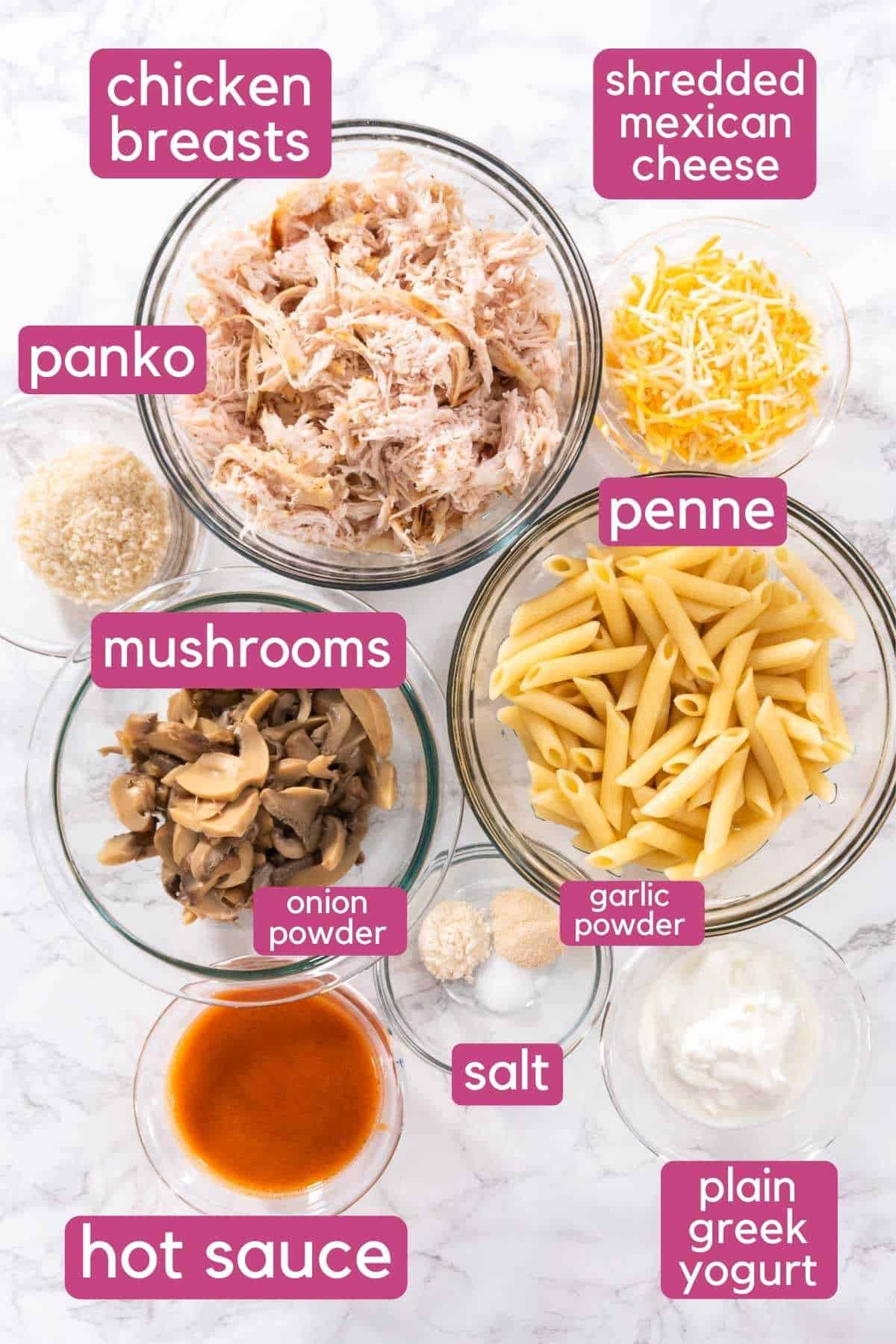 Buffalo Chicken Pasta Bake ingredients.