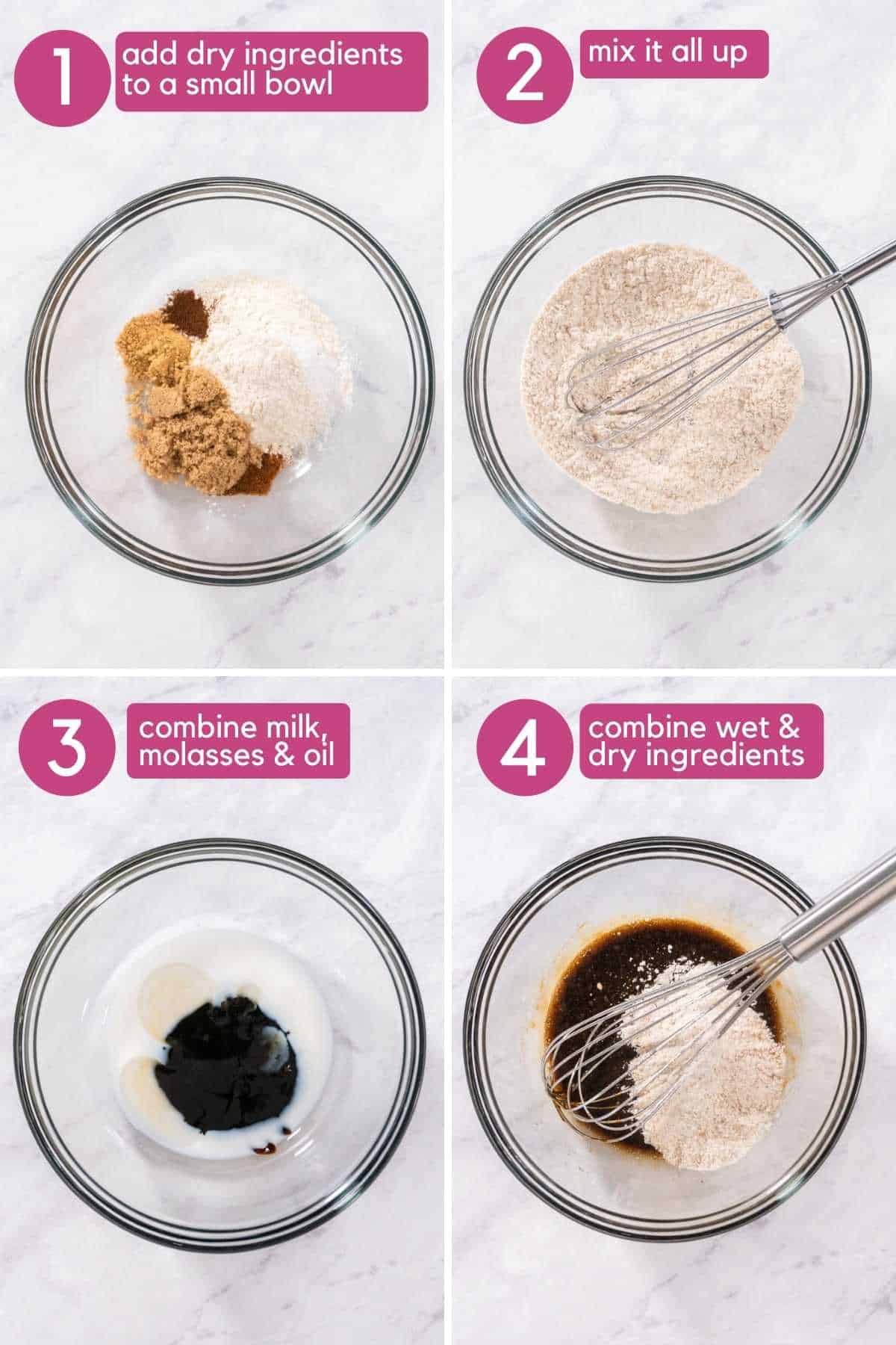 Combine dry ingredients and wet ingredients for gingerbread in a mug.