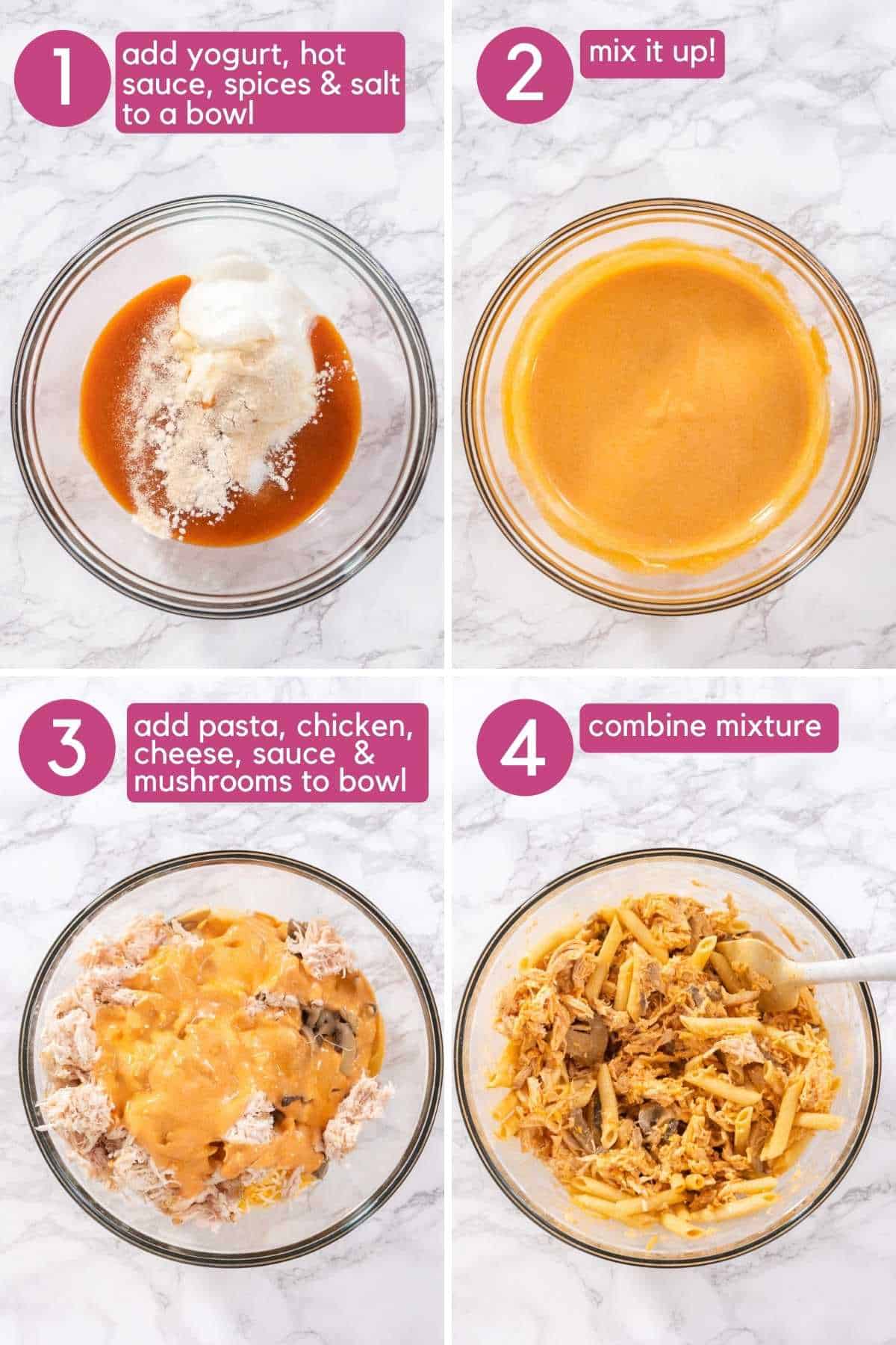 Make sauce and mix ingredients for buffalo chicken pasta bake.