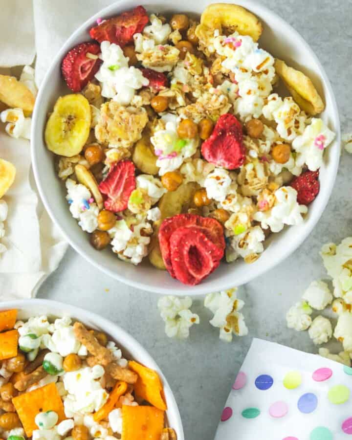 sweet popcorn trail mix in a bowl