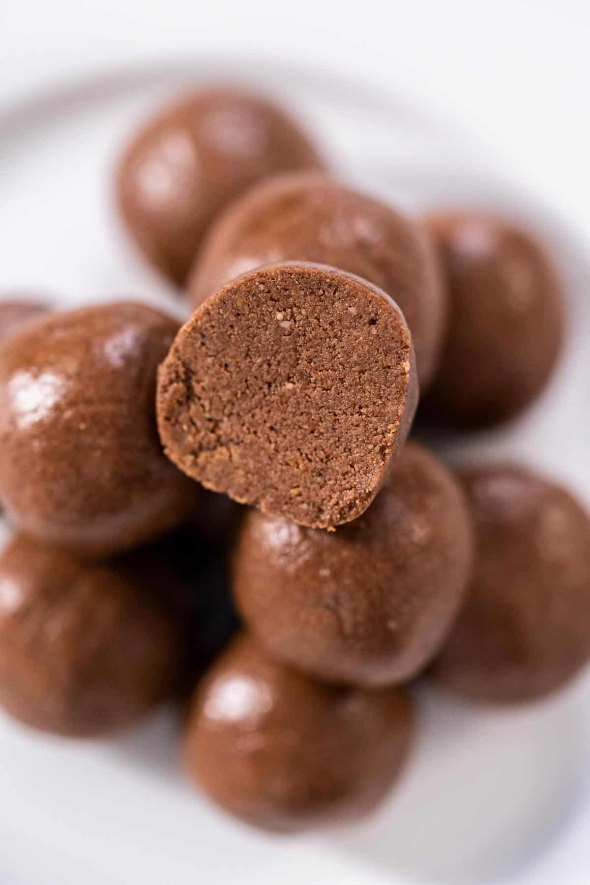 close view of chocolate bliss balls 
