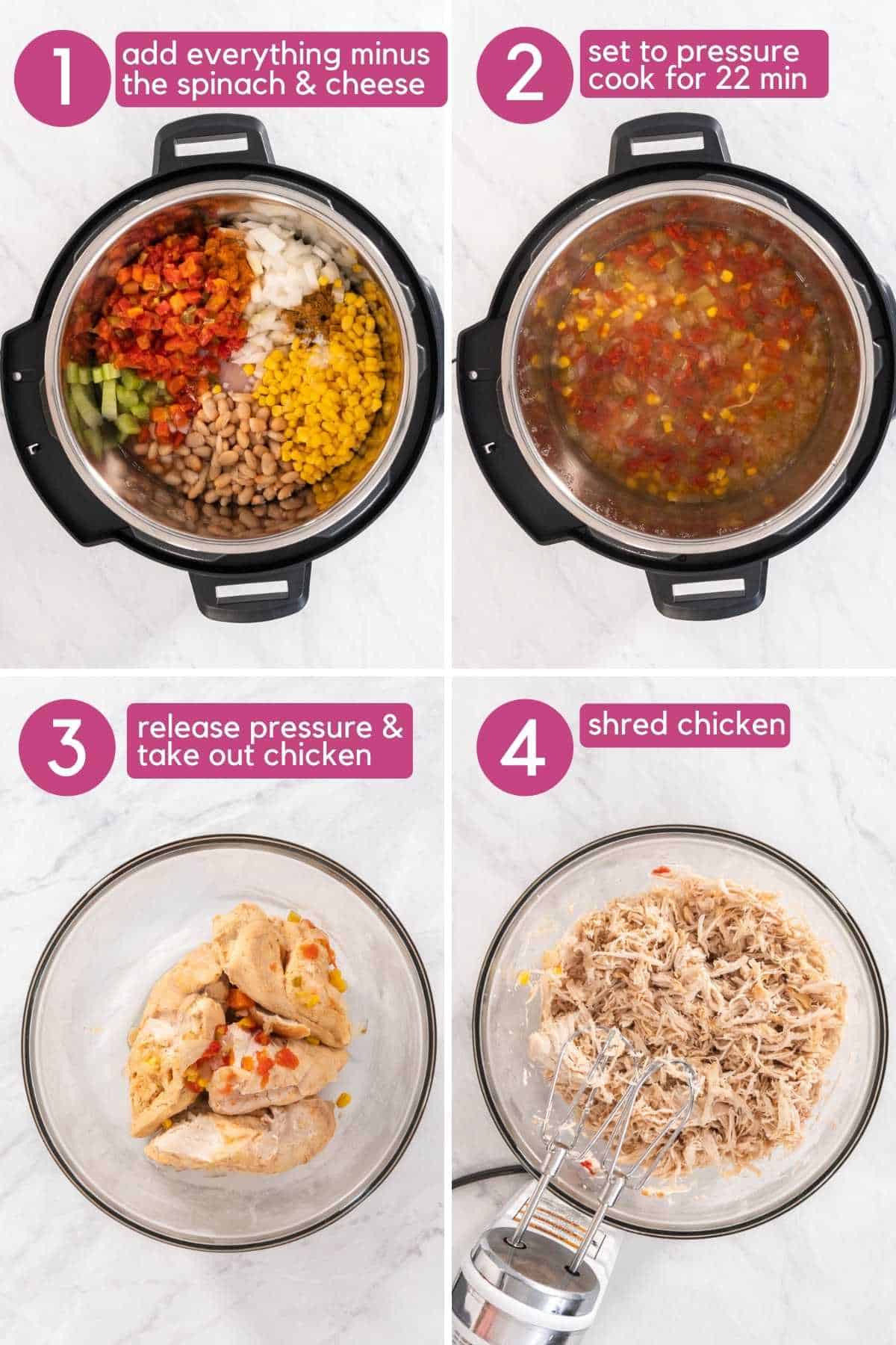 Add all ingredients to instant pot for white bean chicken chili and cook for 22 minutes then shred chicken.
