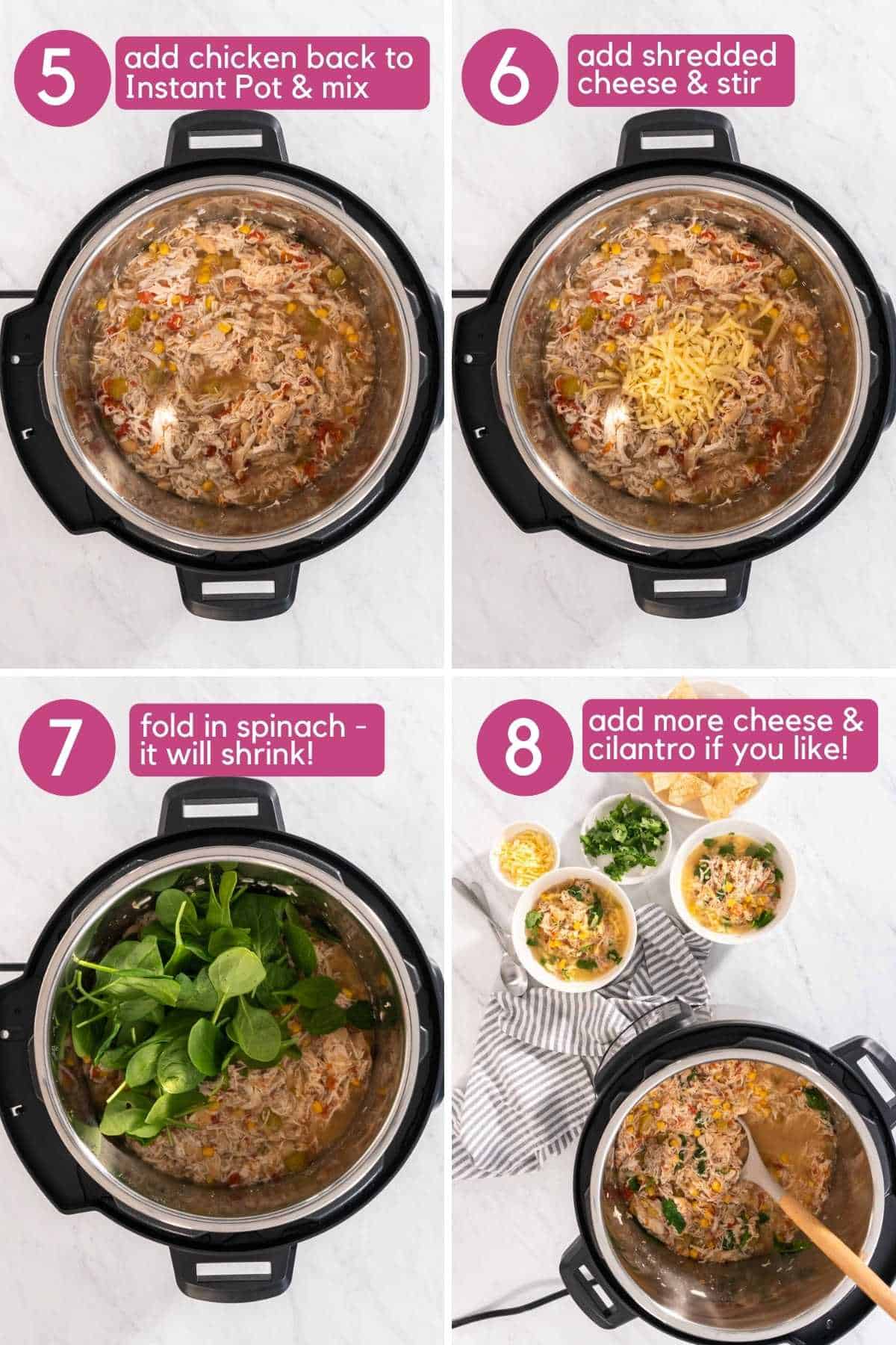 Add chicken back to pot and add shredded cheese and spinach then mix for instant pot white bean chicken chili.